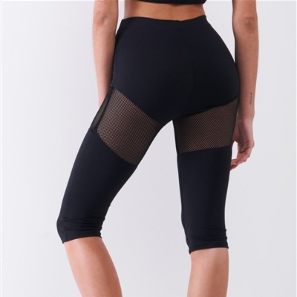 Black High Waist Sheer Mesh Cut-Ins Sports Midi Legging Pants  med lg xlg